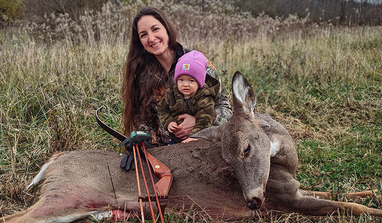 Young Mom Arrows Whitetail with Baby in Tow  
