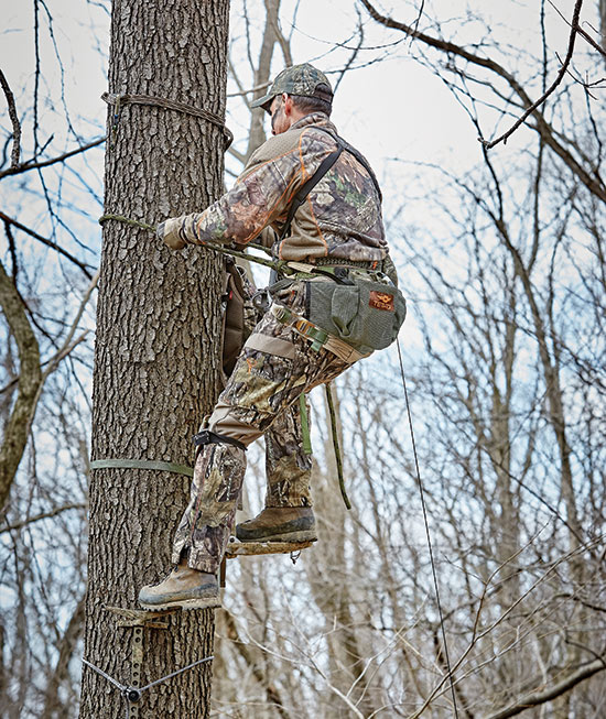 bowhunter climbing tree with saddle