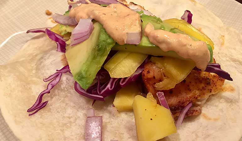Adobo Chipotle Fish Tacos with Pineapple-Mango Salsa Recipe