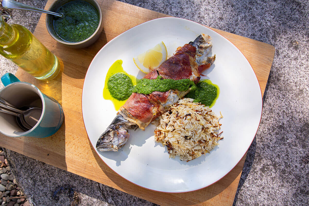 Prosciutto-Wrapped Grilled Trout with Herb Sauce and Lemon Rice Pilaf Recipe