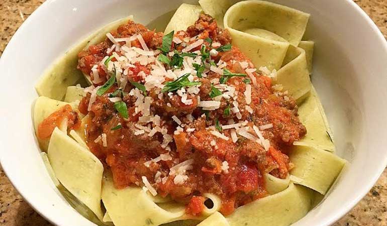 Slow Cooker Venison Bolognese with Garlic Chive Pappardelle Pasta Recipe