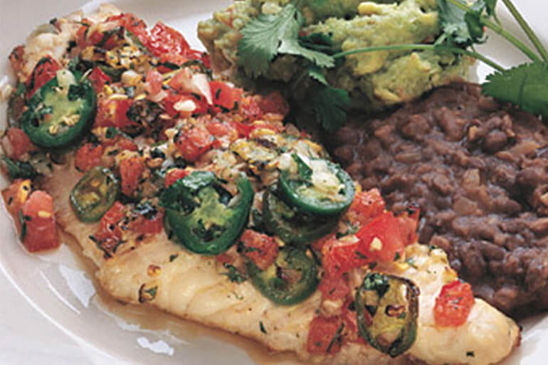 Baked Catfish with Guacamole and Refried Black Beans Recipe