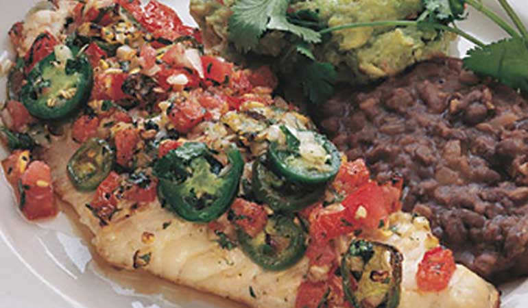 Baked Catfish With Guacamole and Refried Black Beans Recipe