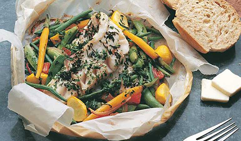 Walleye with Vegetables and Herb Butter in Parchment Recipe