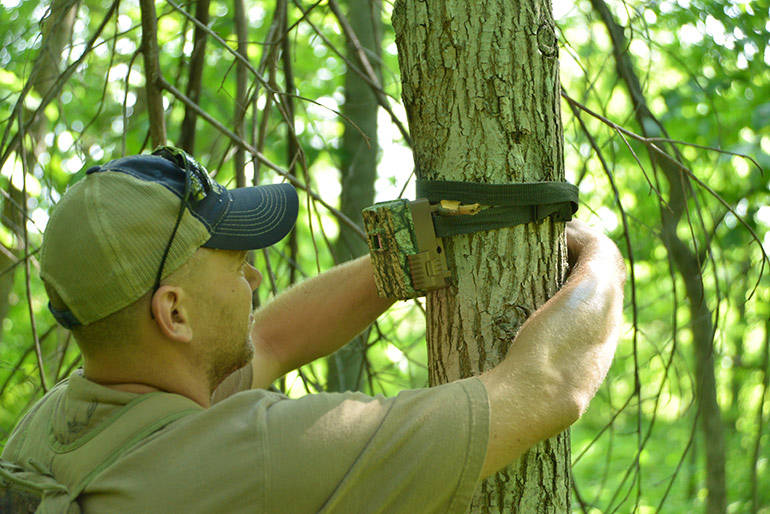 hunter hanging trail cam on tree