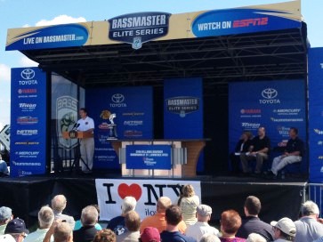New York's Gov. Andrew Cuomo and B.A.S.S. hold a press conference on Day 1 of the Bassmaster Elite Series Evan Williams Bourbon Showdown at the St. Lawrence River in Waddington, N.Y., announcing the return of the Elite Series in 2014. Photo by Shaye Baker