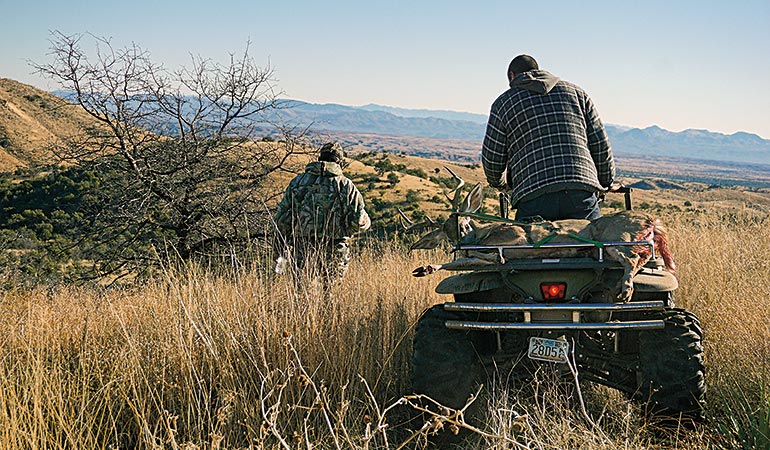 packing out Coues buck on atv