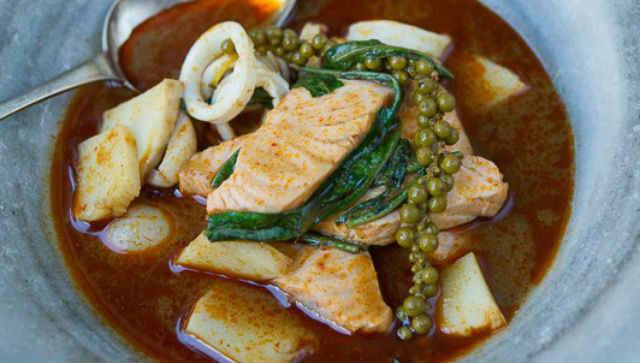Braised Salmon and Squid with Green Peppercorns, Lychee and Jungle Curry