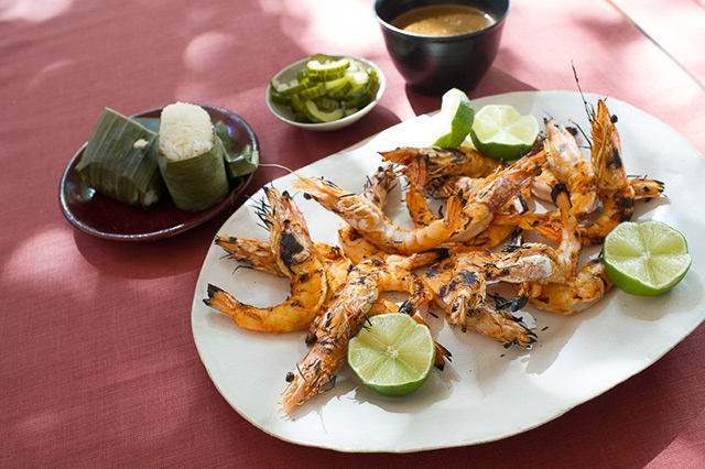 Grilled Prawns with Phuket Black Pepper Sauce, Pickled Cucumber and Sticky Rice