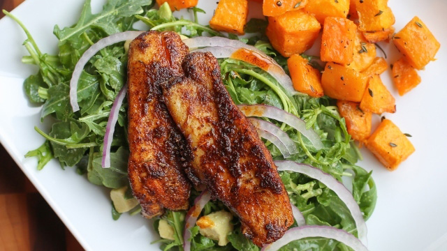 Blackened Drum with Avocado Salad and Roasted Squash