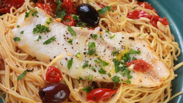 walleye over tomato olive angel hair pasta