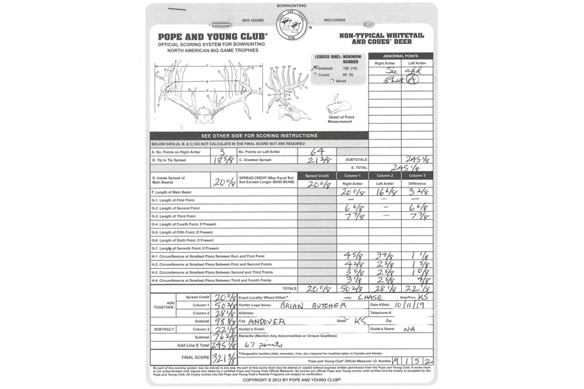 Pope And Young Club Score Sheet