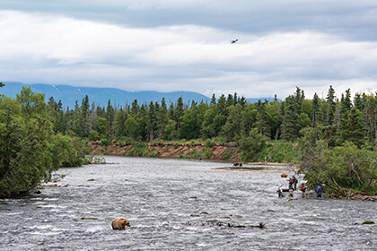 Imagine building a fishing lodge by hand, 35 pieces of lumber at a time, with each load transported by float plane. You're in the middle of a national park, up a mud-slick hill from a weed-laden lake, building on uneven terrain that turns into a muddy tundra bog when it rains—and it rains more days than it doesn't. The nearest town is inaccessible by land, a 20-minute float plane ride away. There are no roads, no infrastructure, no other people for many miles. 