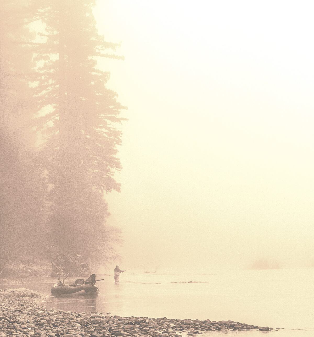 Fishing pole early morning on dark, foggy river Stock Photo by MatHayward