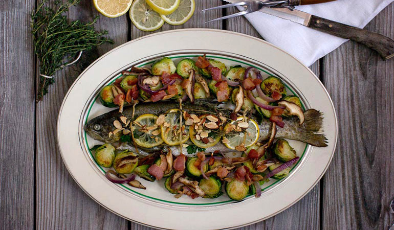 Baked Fresh Rainbow Trout with Brussels Sprouts and Bacon Recipe