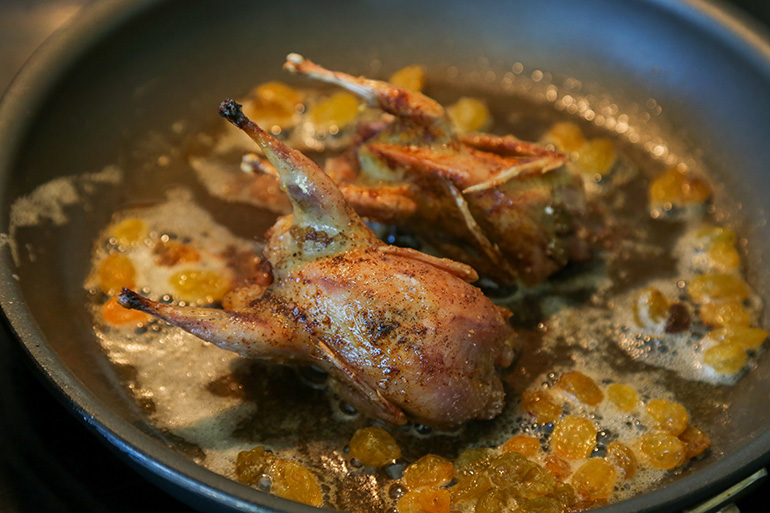 Roasted Quail with Sage and Golden Raisins Recipe