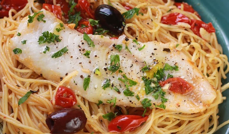 Walleye over Tomato-Olive Angel Hair Pasta Recipe