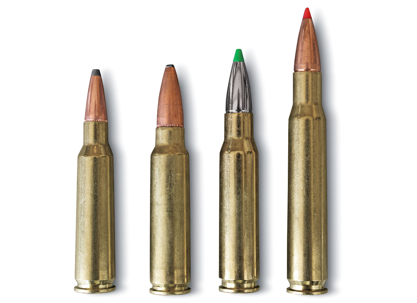 Left to right: .250 Savage, .300 Savage, .308 Winchester and .30-'06 S...