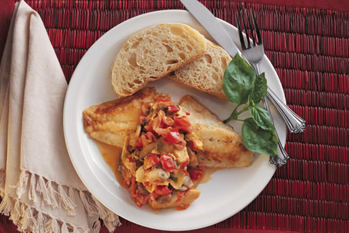 Walleye with Artichokes, Mushrooms, and Tomatoes Recipe