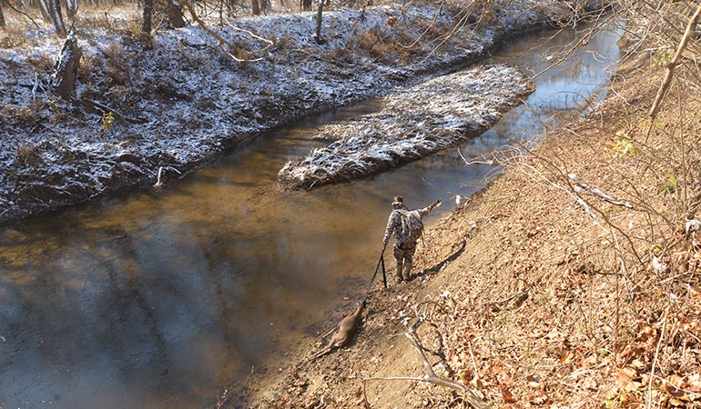 hunter dragging doe by water