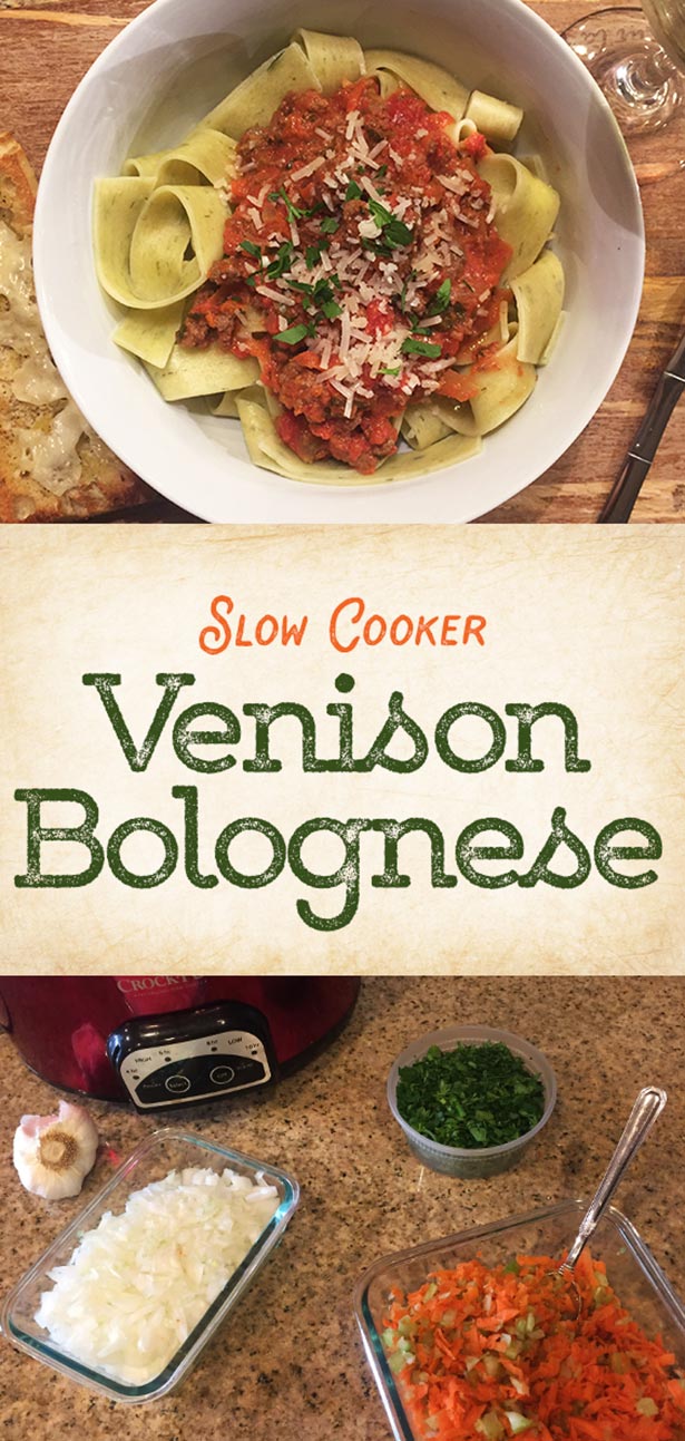 Slow Cooker Venison Bolognese with Garlic Chive Pappardelle Pasta Recipe