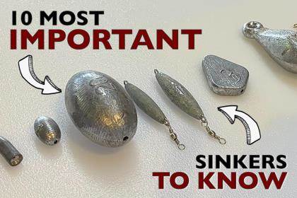 fishing weights lined up on a surface with text reading 10 most important sinkers to know