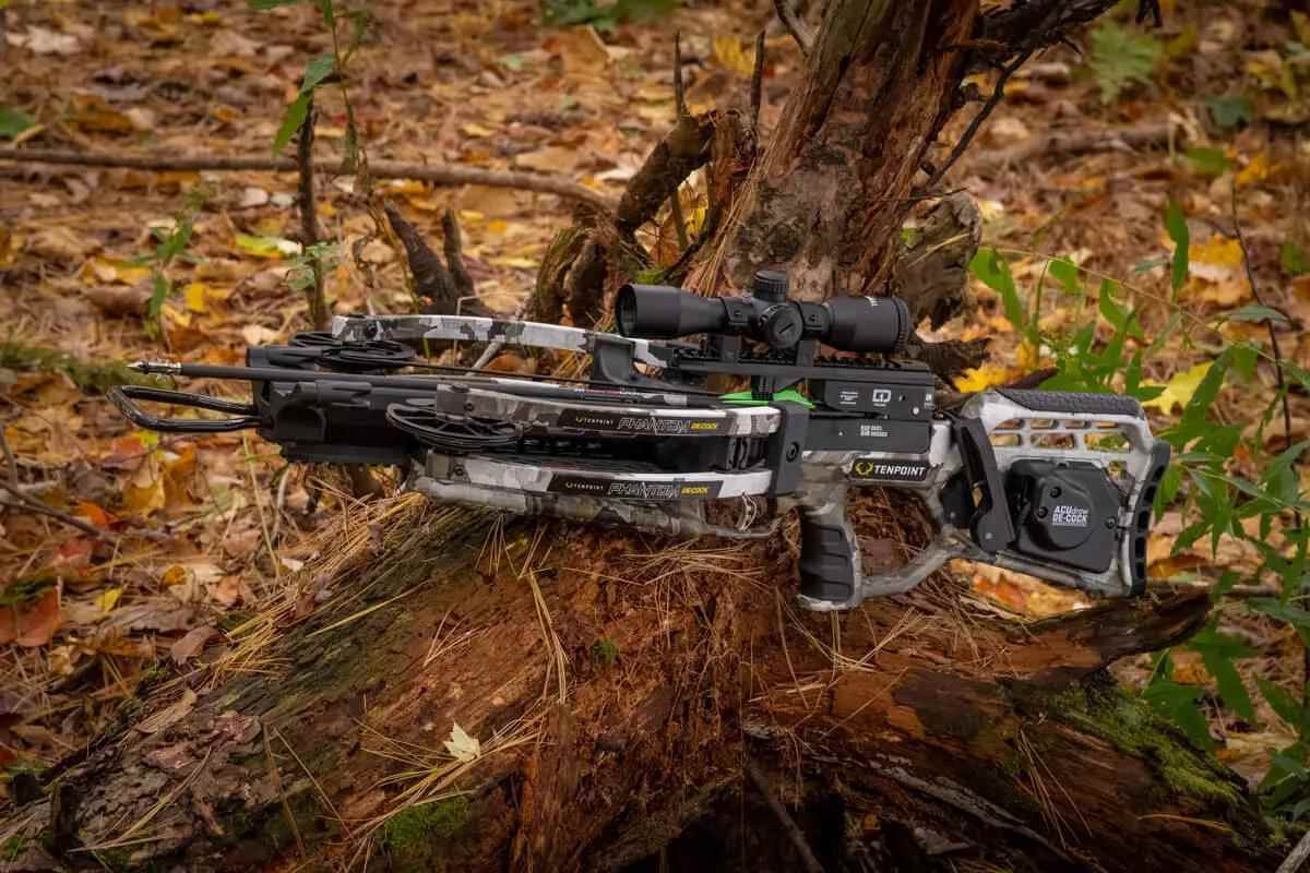 crossbow sitting on log