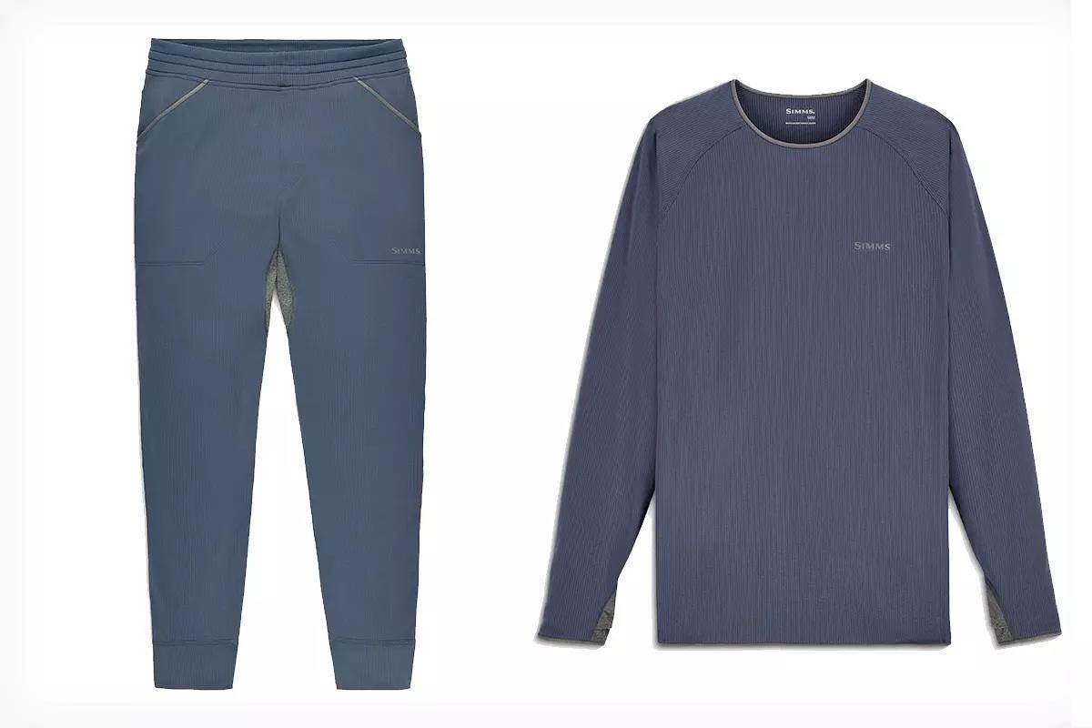 Studio photo of long johns and baselayer top in blue.