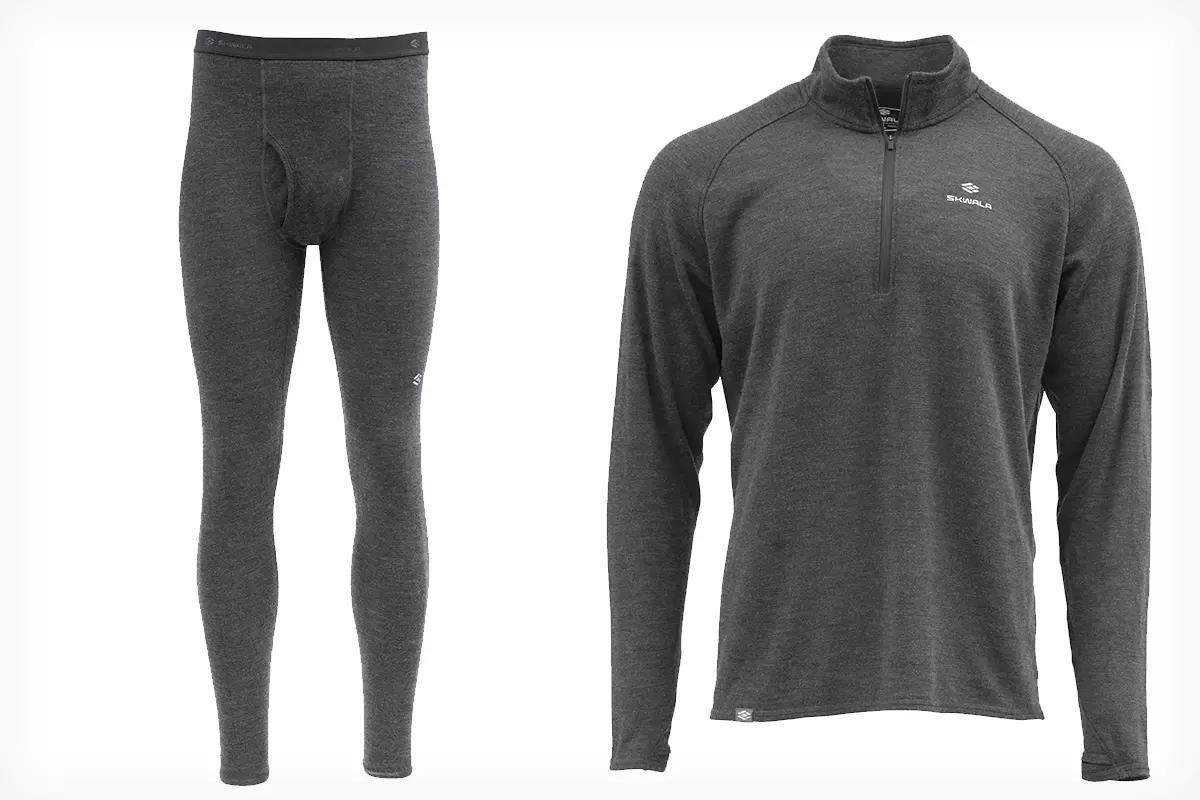 Studio photo of baselayer top and bottom in gray. 