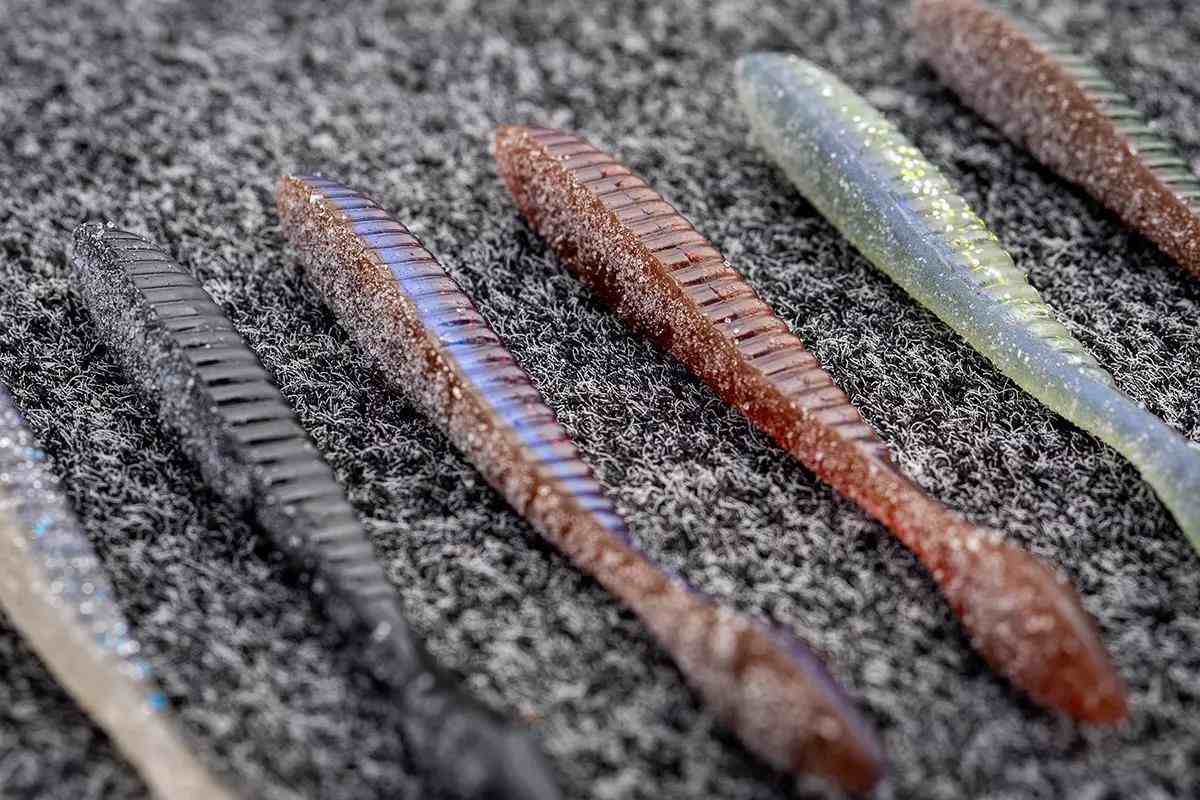 soft fishing baits arranged in a line