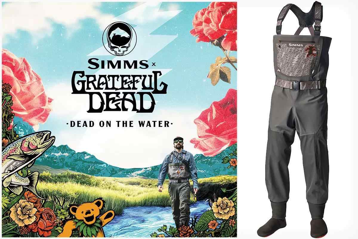 A graphic to promote Simms Grateful Dead collection; a pair of waders on the right.