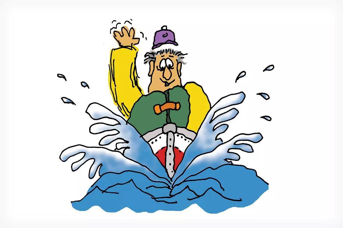 A cartoony illustration of a man riding a boat like a bucking bronco.