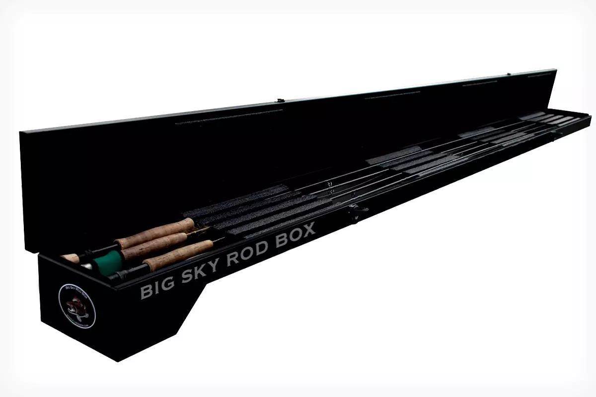 Studio photo of an open Big Sky Rod Box roof-top fly-rod carrier.