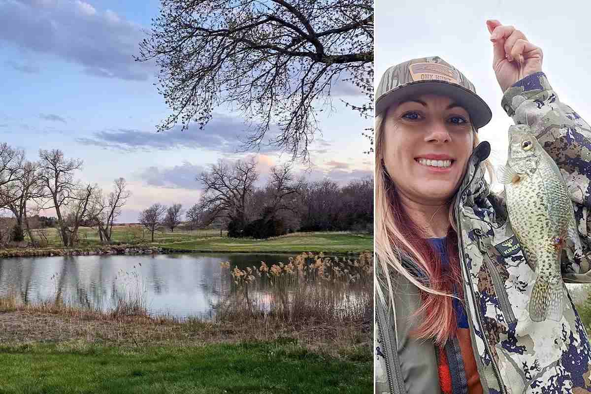 small lake in nebraska (left) and female angler holding up crappie catch (right)