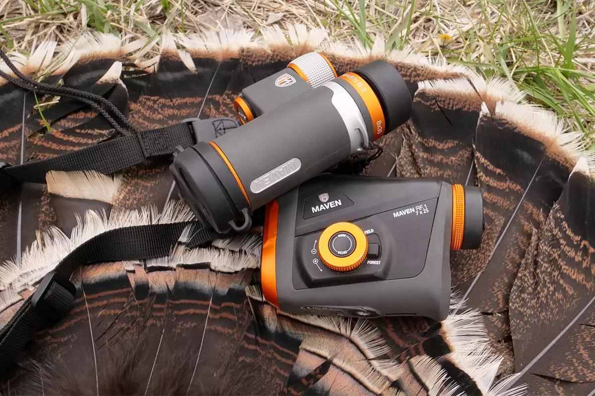 Maven B.3 Binos & Rangefinder RF.1  sitting on a wild turkey fan