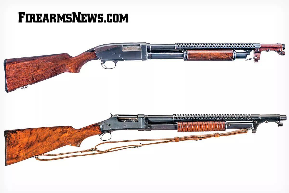 Winchester Model 12 and 1897 Trench Guns in profile on white background.