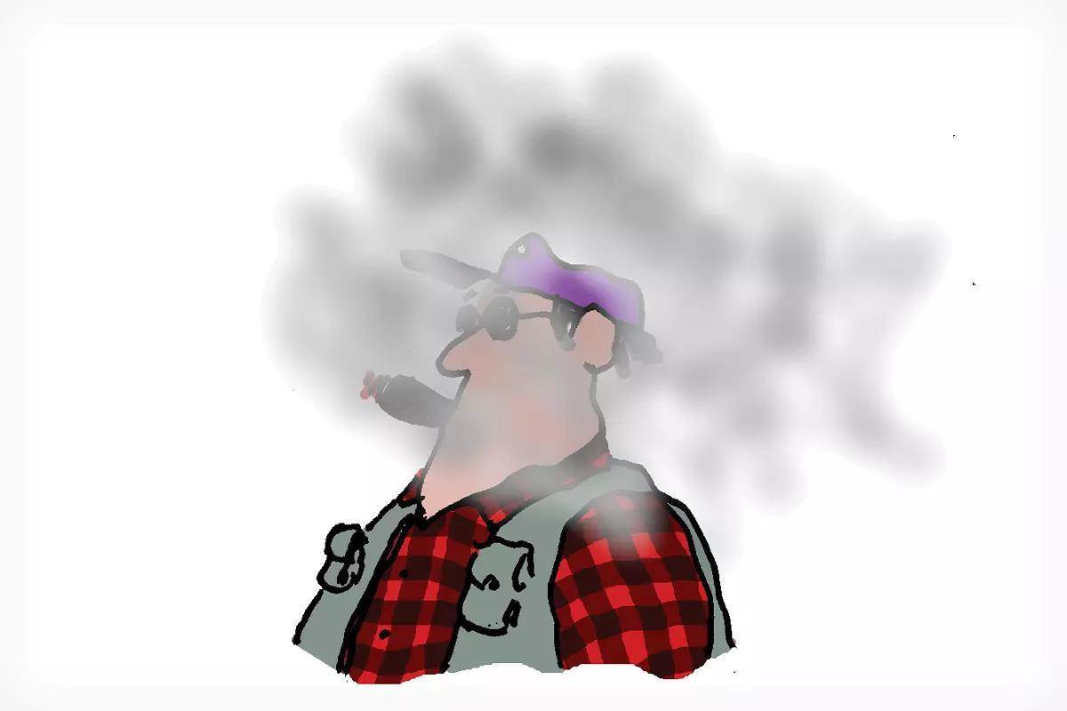 A cartoony illustration of a man in cloud of cigar smoke. 