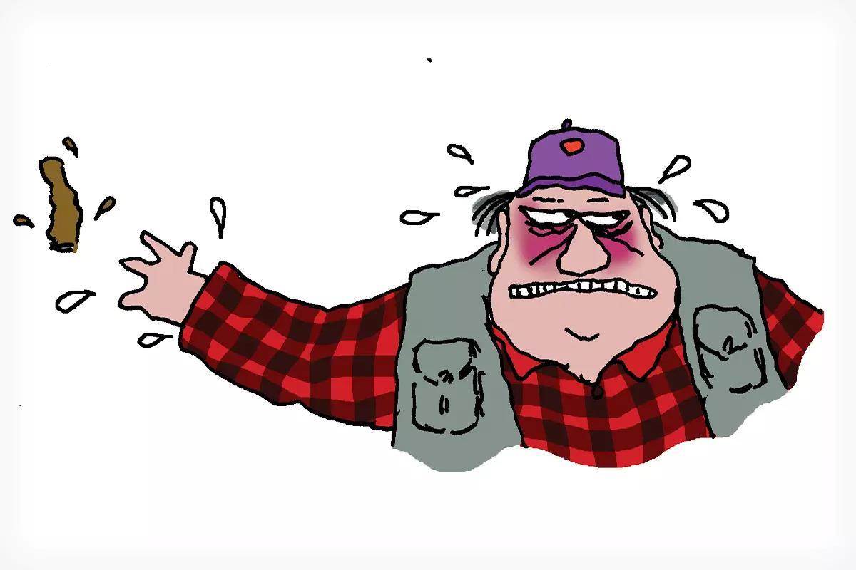 A cartoony illustration of an angry man tossing a cigar.