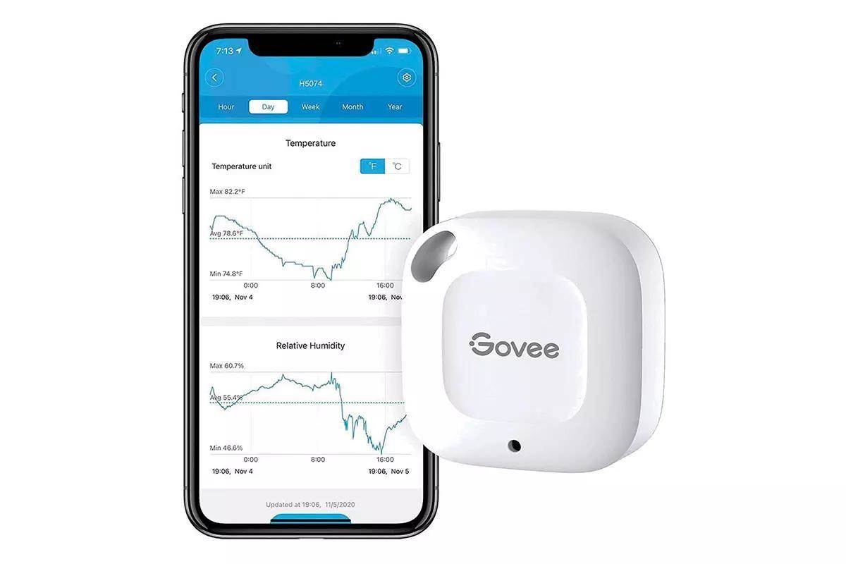 A product image of a govee thermometer and a phone on a white background.