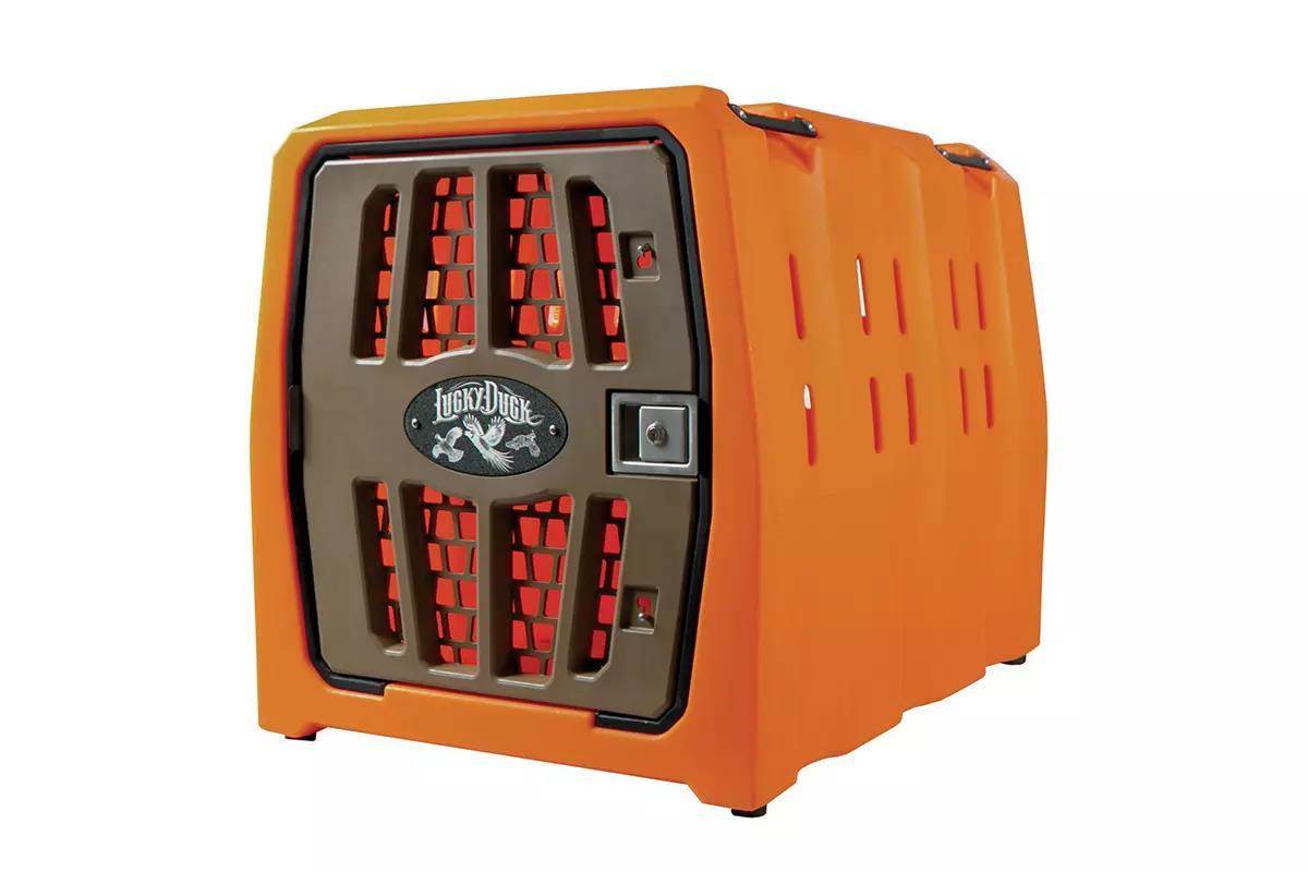 A product picture for an orange lucky duck dog kennel.