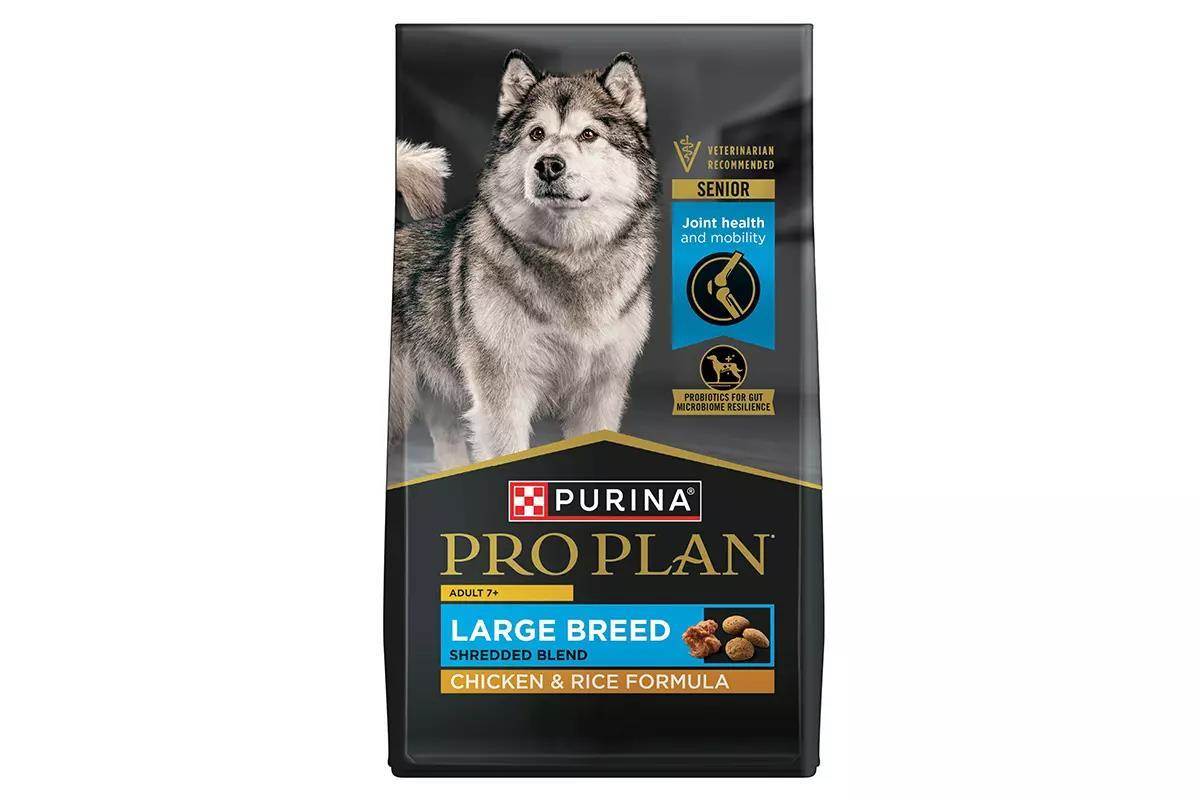 A product image for a bag of purina pro plan large breed senior 7+ dog food.