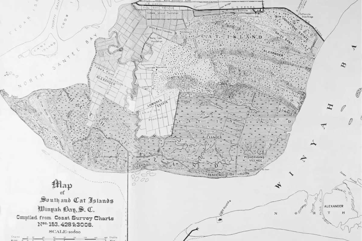 Lowcountry South and Cat Islands, showing E.P. Alexander&rsquo;s land and the names of ponds and creeks. Cleveland hunted here between 1894 and 1902. US Coast Survey Charts, no date.