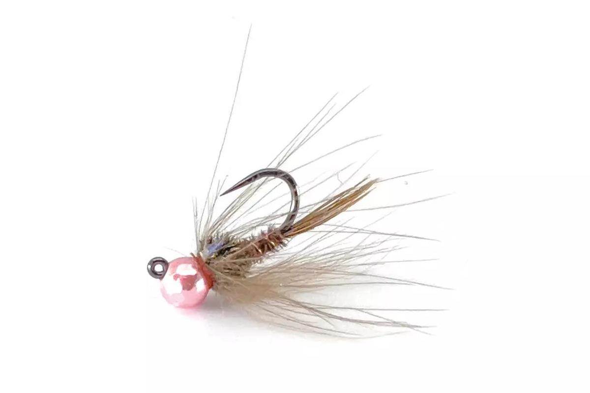 Studio photo of a chartreuse Psycho Prince nymph fly