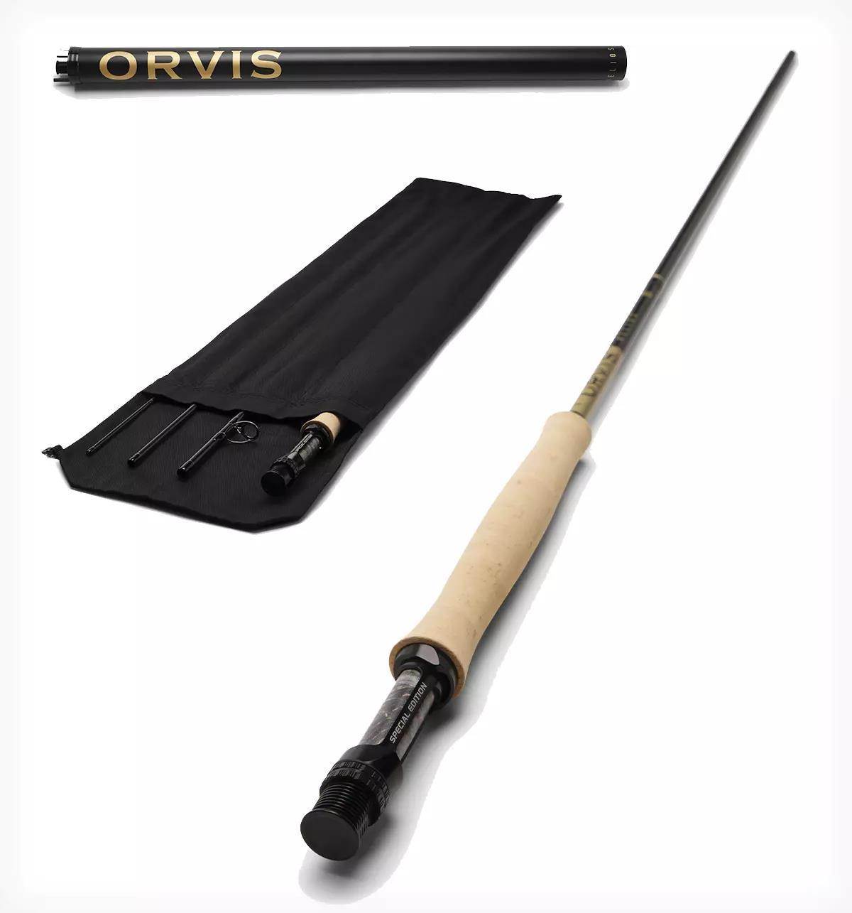 Studio photo of an Orvis fly rod, rod sock, and rod tube.