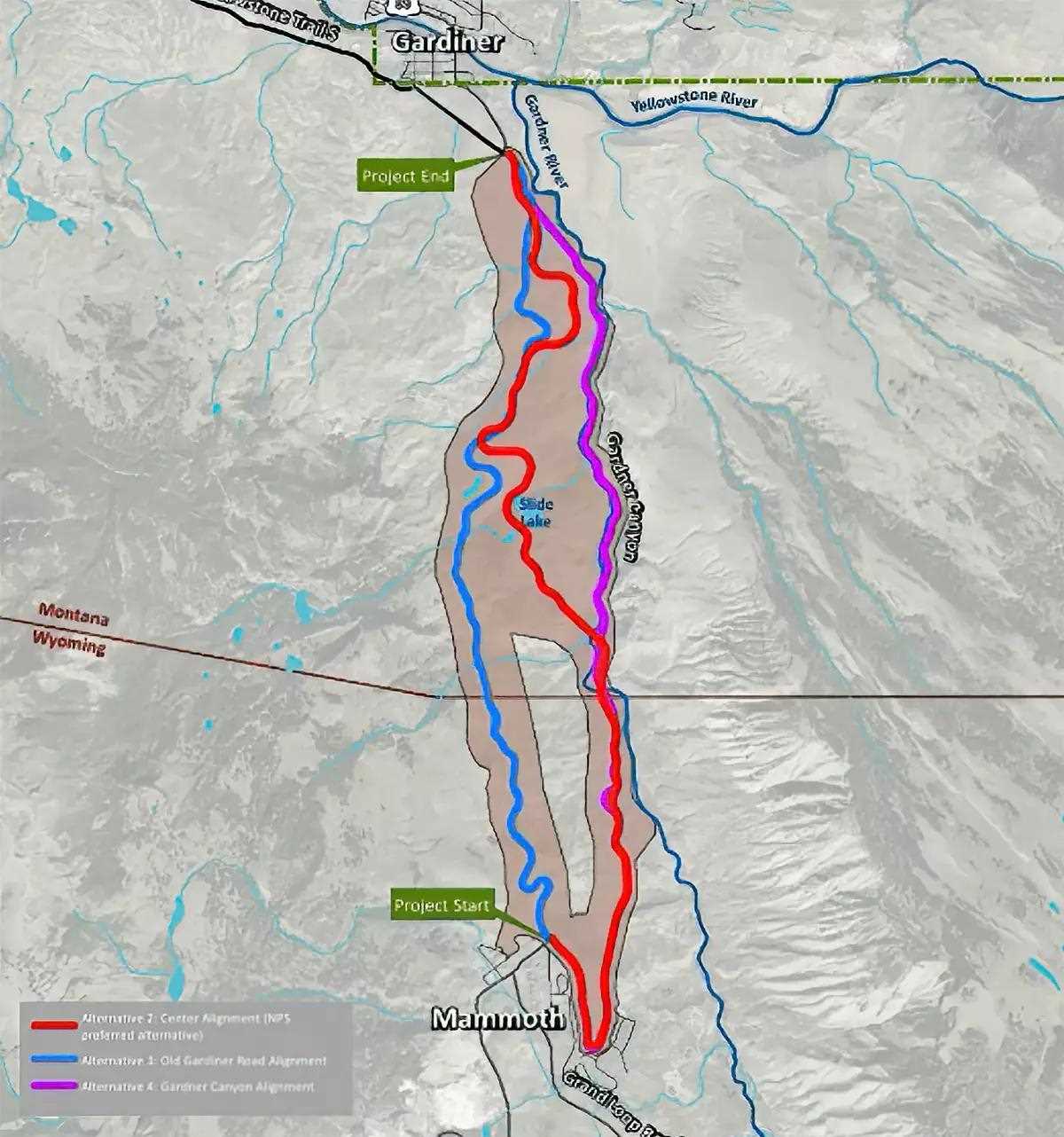 A map showing three routes for the North Entrance of Yellowstone National Park.