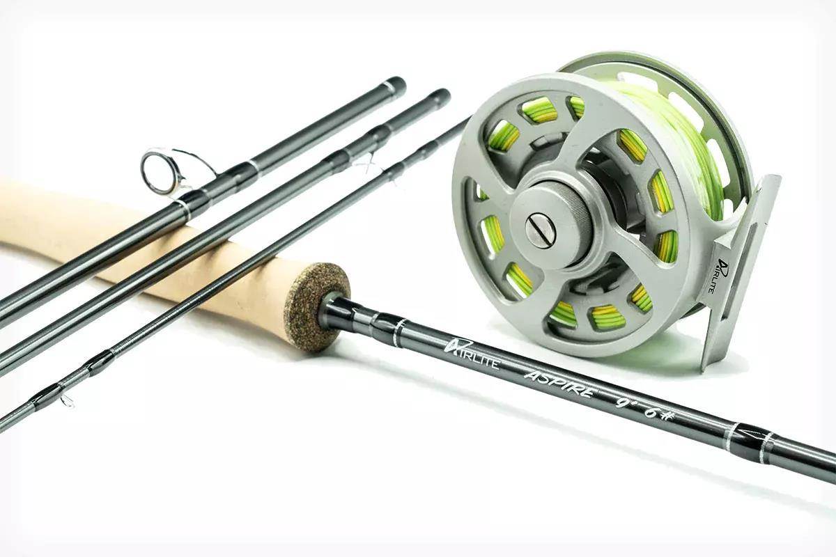 Studio photos of a fly rod and reel, the rod in four sections. 