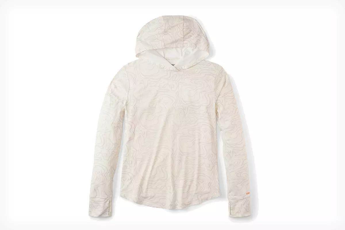 Studio photo of a white sun hoody with a topo-map pattern on it. 