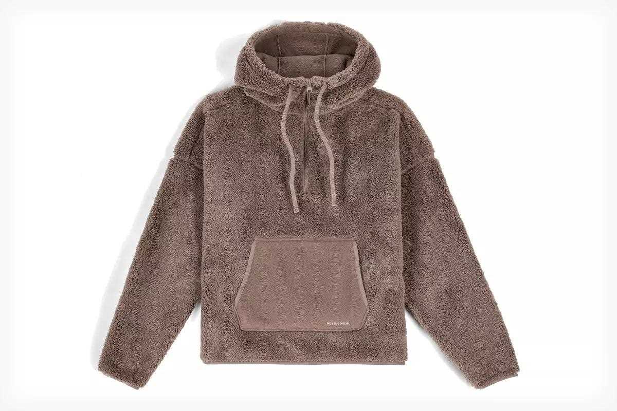 Studio photo of a heavy hooded fleece in brown. 