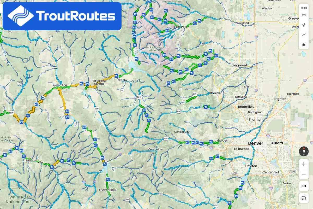 Screen grab of the TroutRoutes app; a map showing rivers around Denver.