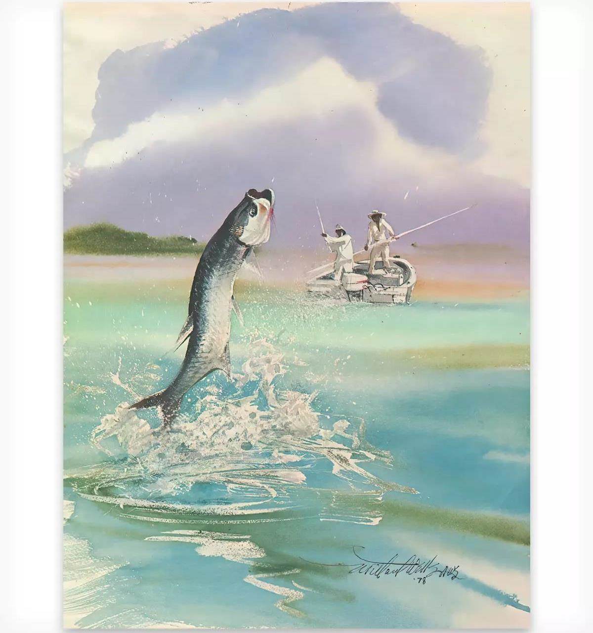 Watercolor artwork of a leaping tarpon; a boat and anglers in the background.